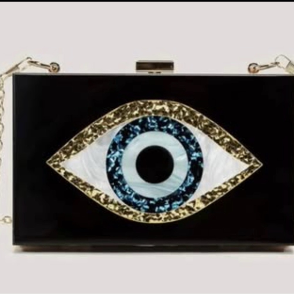 Black acrylic box clutch purse with blue evil eye theme
